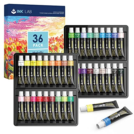 INK LAB Metallic Acrylfarben Set 36 x 12 ml, Metallische Acrylfarbe mit hoher Pigmentierung, Wasserdichte lichtbeständige acrylic paints für Papier, Leinwand, Handwerk, Ideal für Anfänger und Profis