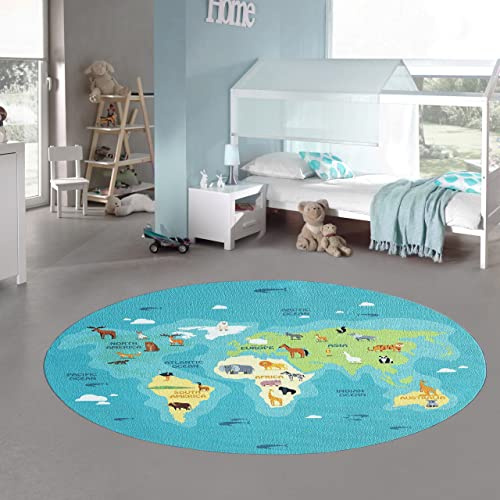 Teppich-Traum Kinderteppich Weltkarte Tiere Blau Grün Ø 160 cm | Rutschfest, strapazierfähig, allergikerfreundlich, hautsympathisch und schadstofffrei, mit Kontinenten, Tierarten und Ozeanen