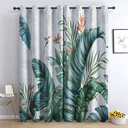 TAKUAN Botanisch Vorhänge Tropisches Blatt Verdunklungsvorhänge mit Muster, Vorhang Blickdicht mit Ösen Gardinen Wohnzimmer Schlafzimmer Kinderzimmer Dekoration 2er Set-137 x 117 (H X B)