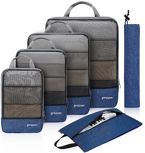 Prezon Cubi da viaggio con sacca per scarpe e biancheria, set da 6 organizer per valigie, organizer estensibile, cubi per viaggio o riporre oggetti, Blu Marino