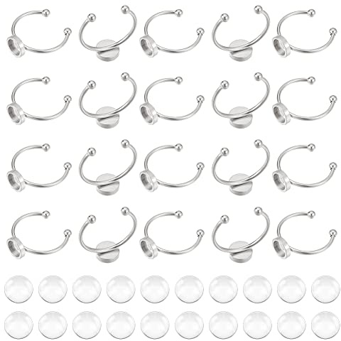 UNICRAFTALE 20 STK Halbrunde Rohling Ring Verstellbarer Offener Fingerring 6mm Tablett Cabochon Rohling Ringe Edelstahl Manschetten Fingerring Mit Transparenten Glascabochons Für Ringherstellung