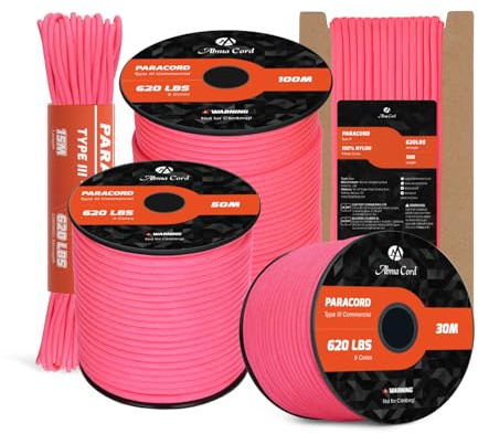 Abma Cord Paracord 620lbs 4mm 50M 100% Nylon Seil Typ 3 Schnur mit 9 Kern für Basteln, Camping, Survival, Outdoor - Max. 280kg - Neon Pink