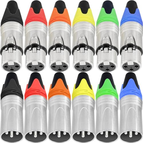 Xiatiaosann XLR Stecker 3-pin Adapter Mikrofonkabel XLR-Lötanschluss, 6 männliche und 6 weibliche XLR-Mikrofonstecker, Audiobuchse für hohe Leitfähigkeit, 6 Farben, 12 Stück