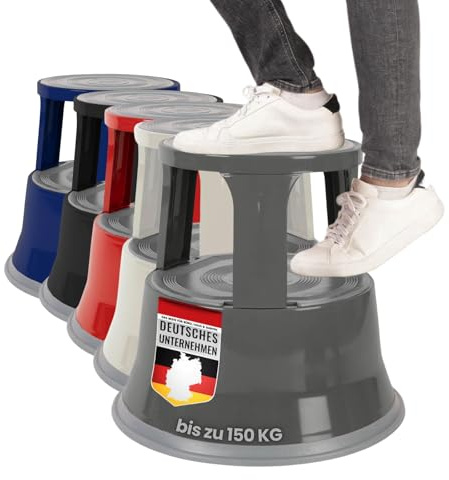 casa pura Tritthocker aus Stahl, Rollen, rutschfeste Gummi-Trittfläche, stoß- & rostbeständig, 150 kg Tragkraftc (Grau)
