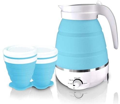 Hervidor Eléctrico Plegable,600ML Calentador de Agua Portatil con bBase de Acero Inoxidable,Hervidor Eléctrico de Viaje,Silicona de grado alimenticio,Mini hervidor Portátil para Camping,viajes (Blue)