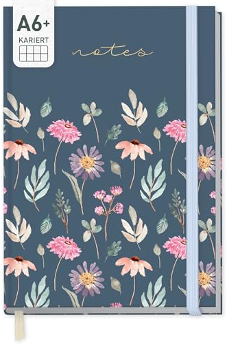Häfft paper&you® Notizbuch kariert A6 + mit Gummiband Flying Flowers | 156 nummerierte Seiten (78 Blatt), 90g/m²-Premium-Papier, Index - als Notizheft, Journal oder Tagebuch