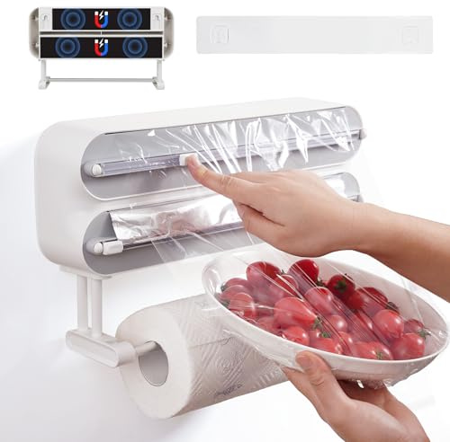 DBREAKS Wandrollenhalter Küche 3 Rollen, küchenrollenhalter magnetisch, Frischhaltefolie Schneider, Frischhaltefolienspender, Alufolie Spender, Folien Papierrollenhalter, Mit Frischhaltefolie