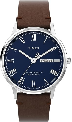 Timex Waterbury 40 mm herrklocka - Brunt snabbfrigörande läderarmband i två delar, blå urtavla, boett i rostfritt stål TW2W14900