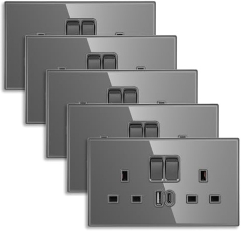 CNBINGO Double Socket with USB, Electrical 20W Glass Wall Sockets,5 Pack | 20W PD USB C/A Fast Charging,5 Pack Wall Outlets,Black White Grey USB Double Switched Socket