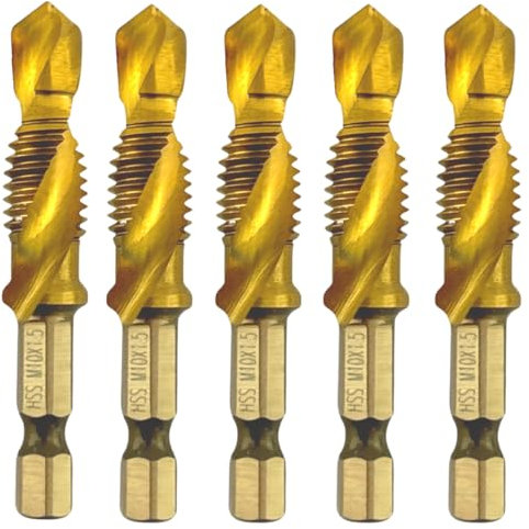 Rennie Tools - Pack Of 5 - M10 x 1.5 Combination Drill and Tap Bit, 1/4 Hex Shank. Metric Coarse Titanium Coated HSS Spiral Flute Drilling Tapping Tool. 10mm x 1.5mm Pitch Drill Bit.