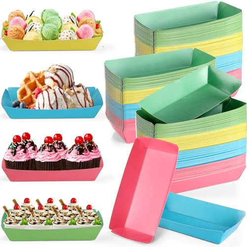 FoldTier 8oz Paper Food Boat Trays 2lb Sturdy Paper Banana Split Boats Disposable Ice Cream Sundae Dishware Bowl Boats Plate for Party Serving Snack Candy Salad(Classic,Vividcolor,100 Pack)