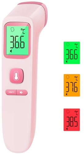 Thermomètre frontal sans contact avec valeurs de mesure instantanées précises, alarme de fièvre, écran LCD et 35 rappels de mémoire, thermomètre infrarouge numérique pour enfants et adultes (rose)