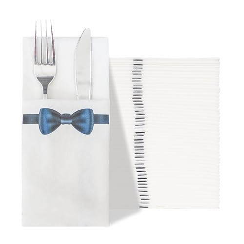 KMAKII Paper Dinner Napkins with Built-in Flatware Pocket Disposable Paper Cloth Like Hand Napkins Absorbent Napkins for Parties, Weddings, Events Linen-Feel-Blue Tie, 100 Count
