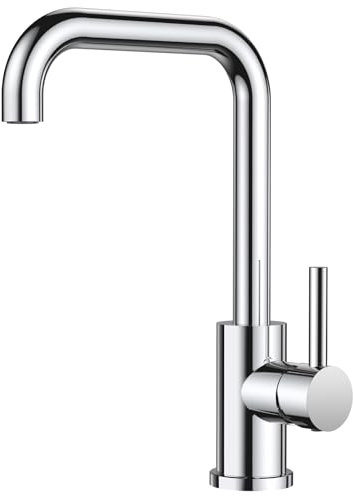 FORIOUS Rubinetto Lavello Cucina, Miscelatore Cucina Girevole a 360°, Forma di L Monocomando Acciaio Inox con 1 Foro, Cromo Lucido