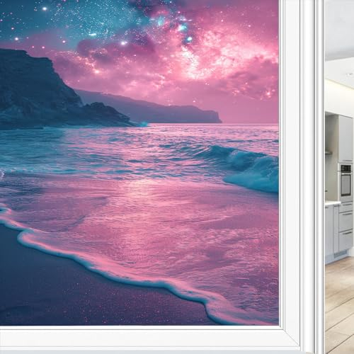 Fantasy Ocean Sichtschutzfolie für Fenster, bunt, mystischer Strand, modern, Buntglas-Fensterfolie, dekorative Fensterfolie für Fenster und Glastür, Sonnenschutz, 45 x 60 cm