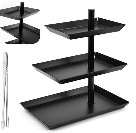 HEKOBAG Soporte para Tartas de Tres Pisos Negro, Rectangular, Escalonado, 3 Bandejas 21/24.8/26cm, 360° Expositor Soporte Plato de Frutos Postre para Tartas Cupcakes, Boda Fiesta Cumpleaños