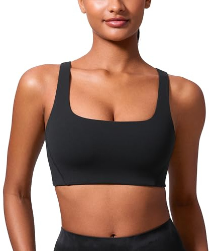 CRZ YOGA Butterlift Double Lined Square Neck Sports Bras for Women - Wireless V-Shaped Racerback Workout Yoga Top Non Padded Black Large