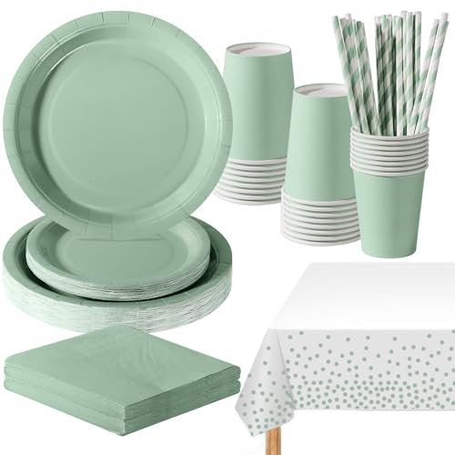 PYAILI Stoviglie per Feste 121 Pezzi Verde Salvia Festa della Addobbi Ragazza di Compleanno dei Dambini Articoli per Feste Set Include Piatto Carta Party Tazze Tovaglioli -24 Ospiti