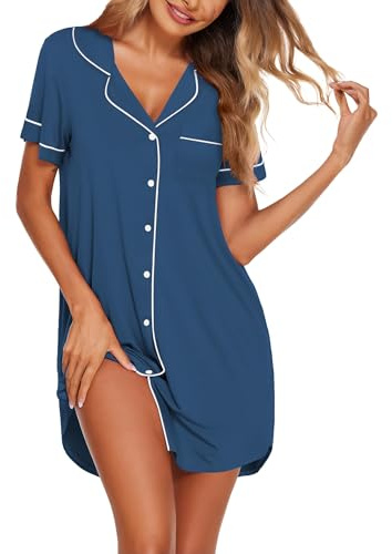 Ekouaer Camisones de Mujer Manga Corta Verano Tallas Grandes Botón Cuello en V Clásico Estilo Novio Suave y Ligero Camisón Mujer, Azul Oscuro, M