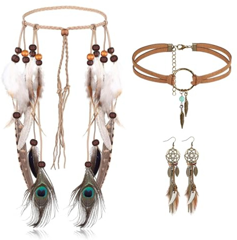 Bluelves Teiliges Boho-Kopfschmuck Set, Damen Hippie Boho Stirnband, Böhmische Feder Ohrringe, Flechten Haar Band, Stirnband Zubehoer für Kostüm Damen