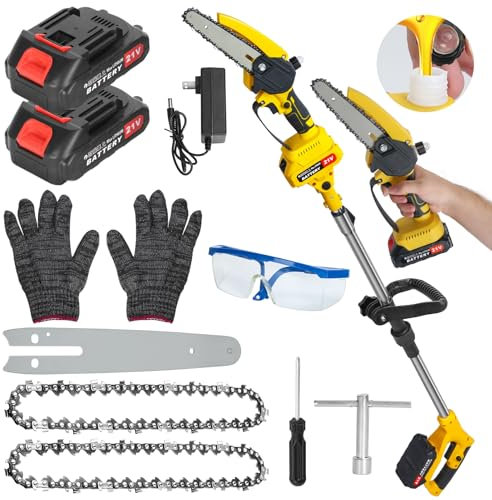 Scie à perche sans fil 2 en 1, mini tronçonneuse avec rallonge de 0,9 5,9 pieds pour l'élagage des arbres, scie chaîne électrique balais batteries 1,5 Ah, portative la coupe du Jaune
