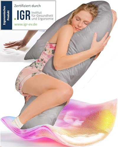 Traumreiter Seitenschläferkissen Visco J Form Wendekissen mit Memory Foam Stütze [orthopädisch] Schwangerschaftskissen zum Schlafen, Stillkissen XXL Kissen, Body Pillow. Komfortkissen mit Bezug Grau