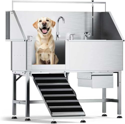 RUDCXDY Dog Washing Station,56 Professional Stainless Steel Dog Bathing Station for Large Dog Height Adjustable Dog Wash Station for Home Dog Grooming Tub with Drawer, Floor Grate & Fauct (L-Ramp)