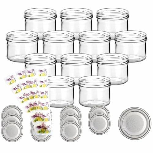 gouveo 12er Set Einmachgläser 230 ml mit goldfarbenen Deckel und 24 Oster-Aufkleber - Vorratsgläser, Marmeladengläser, Einkochgläser, Geschenkgläser für das Osterfest