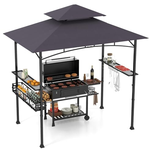 GOPLUS Grillpaviljong, dubbeltak med hyllor, krokar, flasköppnare och förvaringskorg, grillbaldakin och grillskydd, väderbeständigt för utomhusbruk i trädgård, gård eller terrass