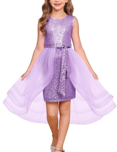 GRACE KARIN Mädchen Pailletten Kleid Rundhals Ärmellos Partykleid Elegant Prinzessin Kleid für Hochzeit Geburtstag Rosa Lila 7 Jahre
