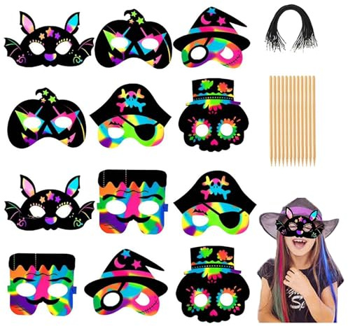 12 Kratzbilder Maske,StückMagischeBunte Scratch-Crafts Kinder Set mit Bändern Kratzstift, Basteln für Allerheiligenfest Party Deko DIY Handwerk, Geburtstag Ostern Weihnachten Spiel Geschenk Party ﻿