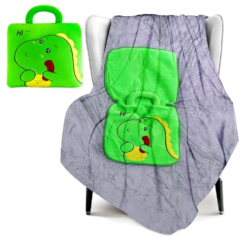 LKNBIF 2-in-1 Blanket and Pillow, Dinosaur Travel Pillow & Blanket Hand Ultralight Portable, Throw Blankets for Long Airline Flights Business trip and Office, Plane Car Camping (Green)