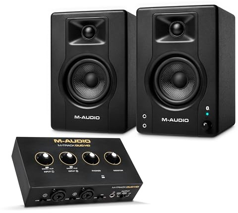 M-AUDIO BX3 Pair Bluetooth Studio Monitors Bundle with Dual XLR Audio Interface for Studio Recording, Music Production, Podcasting, Streaming