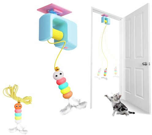 Auveach Katzenspielzeug Elektrisch Interaktives Spielzeug Teaser Automatisches Einziehbares mit Feder und Glöckchen für Katzen Kitten USB-wiederaufladbares Hängendes für Selbstbeschäftigung (Blue)