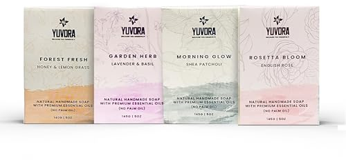 Yuvora 4 Pcs Women Natural Handmade Body Soaps 5 OZ Pack Floral Radiance Long lasting Fragrance Luxurious Scents with Natural Ingredients – Sulfate & Paraben Free, Vegan Soaps