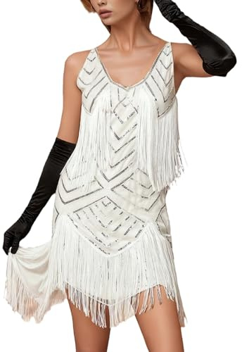 Generisch Abito da donna anni '20 con frange – Abito senza maniche Charleston in stile gatsby | Abito con paillettes per feste a tema e occasioni festive, Stil_g04 Bianco, S