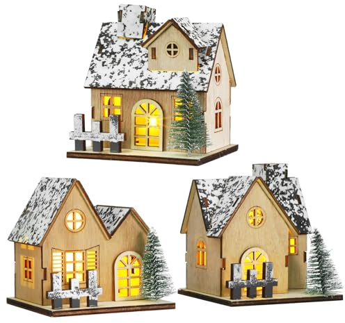 SOLUSTRE Weihnachts-miniaturhäuser aus Holz: 3 Stück Led-Lichter, Weihnachtsdorfhäuser aus Holz – Handgefertigte Weihnachtsdekoration für Tischdekoration, Kamin, Zuhause