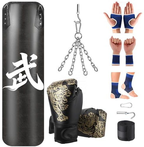 Juego de saco de boxeo para colgar, saco de boxeo relleno para adultos y niños, saco de boxeo de 120 cm para casa con guantes de boxeo, envoltorios, cadenas, ganchos de techo, saco de boxeo pesado