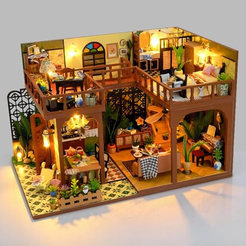 Cuteefun DIY Puppenhaus Häuser mit Staubschutzhaube & LED Licht | Kreatives Handwerk & Wohndekoration, für Erwachsene und Jugendliche, Weihnachten, Geburtstag Geschenk (Vintage Leuchten)