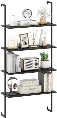 COSTWAY 4-Tier Ladder Shelf, Tall Wall Bookshelf Open Display Rack, Metal Frame Wooden Wall-Mounted Bookcase Storage Shelving Unit for Living Room, Bedroom and Office (Black, 76x30x163cm)