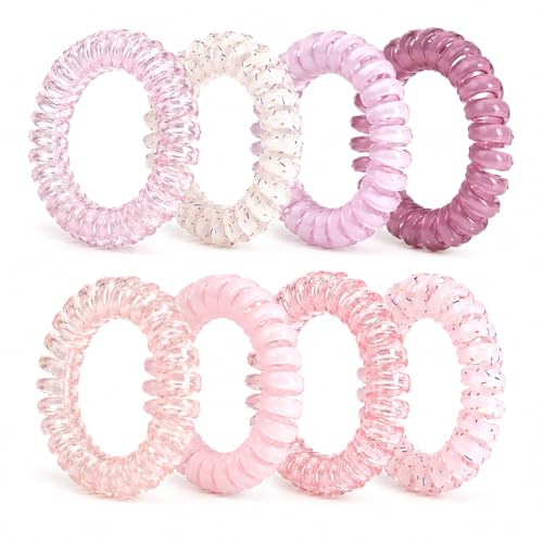 Tangdira Spiral Hair Ties No Damage – 8 Pcs (4 Purple + 4 Pink) Coil Hair Ties for Women, Telephone Cord Hair Bands, Ponytail Holders for Thick & Thin Hair, Waterproof Hair Ties