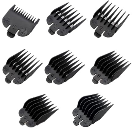 Set de peluquería negro de 8 piezas con soporte para cortapelos Peines de posicionamiento Peines de limitación Uso Profesional en Salón de Peluquería (Negro, Talla única)