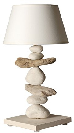 Lampe de chevet bord de mer en bois et galets - Personnalisable - Fabriqué à la main en France par un artisan (40 cm) (Écume standard)