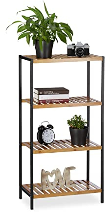 Relaxdays Regal Bambus, universales Standregal, Bad und Küche, 4 Ablagen, Metall-Rahmen, HxBxT: 97 x 50,5 x 27 cm, Natur