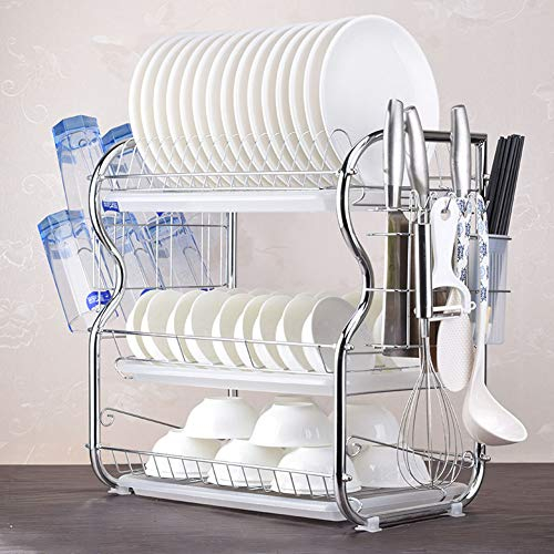 3 Tier 304 Edelstahl Geschirr Abtropffläche Mit Tablett, Abnehmbare Auffangschale, Küche Liefert Geschirr Lagerregal, Messer/Schneidebrett/Stäbchen/Tasse (A/White)