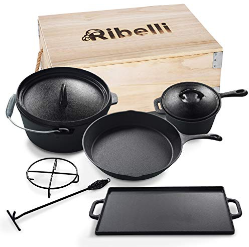 Ribelli BBQ set da forno olandese da 7 pezzi in una scatola di legno, ghisa, pretrattato, pentola, padella, piastra di grigliatura, pentola per salsa