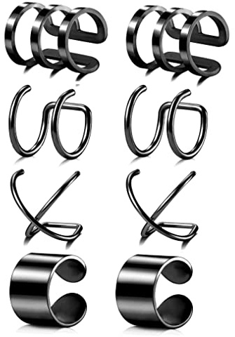 Tornito 4-10 Pairs Stainless Steel Ear Cuff Helix Cartilage Clip On Wrap Earrings Fake Nose Ring Non-Piercing Adjustable (E1:4 Pairs, Black Tone)