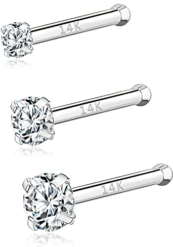 PunkTracker 20g 14K Echtgold Nasenringe CZ Simulated Diamond Nose Studs Hypoallergen Nostril Nose Piercing Schmuck für Damen Herren
