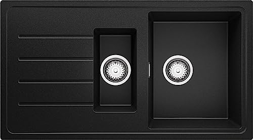 PRIMAGRAN Evier Cuisine en Granit Noir 90x50cm, Lavabo 1,5 bacs + Kit de Vidage, Évier à Encastrer al mueble 60cm - Copenhague Duo