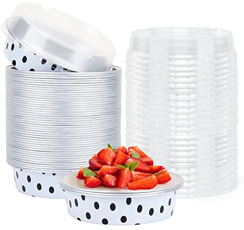Beasea Mini moldes para tartas con tapas, paquete de 50 unidades, 4 pulgadas, 8 onzas, desechables, de aluminio, redondos, pequeños, blancos y negros, para magdalenas, postres, magdalenas, ramekin,